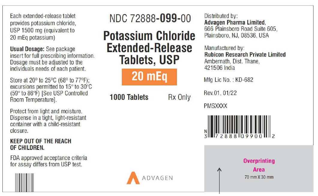 Potassium Chloride Extended-Release Tablets USP, 20mEq - NDC: <a href=/NDC/72888-099-00>72888-099-00</a> - 1000 Tablets