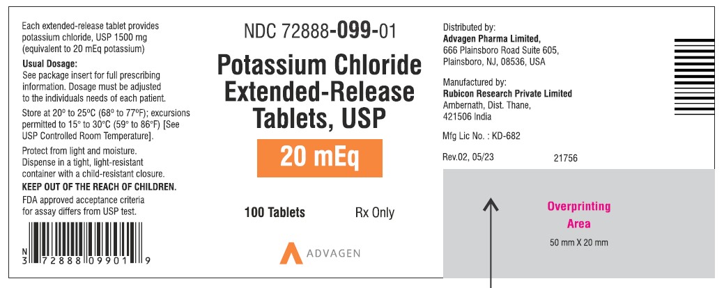 Potassium Chloride Extended-Release Tablets USP, 20mEq - NDC: <a href=/NDC/72888-099-01>72888-099-01</a> - 100 Tablets