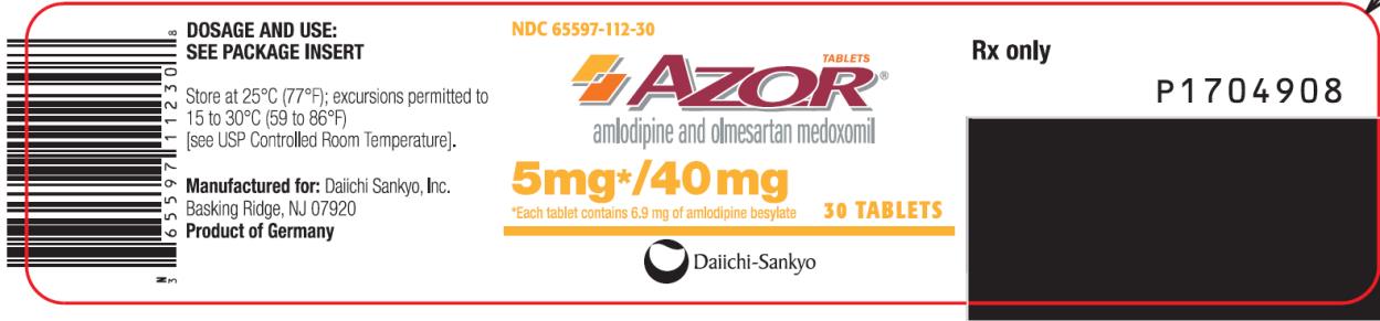 PRINCIPAL DISPLAY PANEL
NDC: <a href=/NDC/65597-112-30>65597-112-30</a>
AZOR
amlodipine and olmesartan medoxomil
5 mg/ 40 mg
30 Tablets
Rx Only
