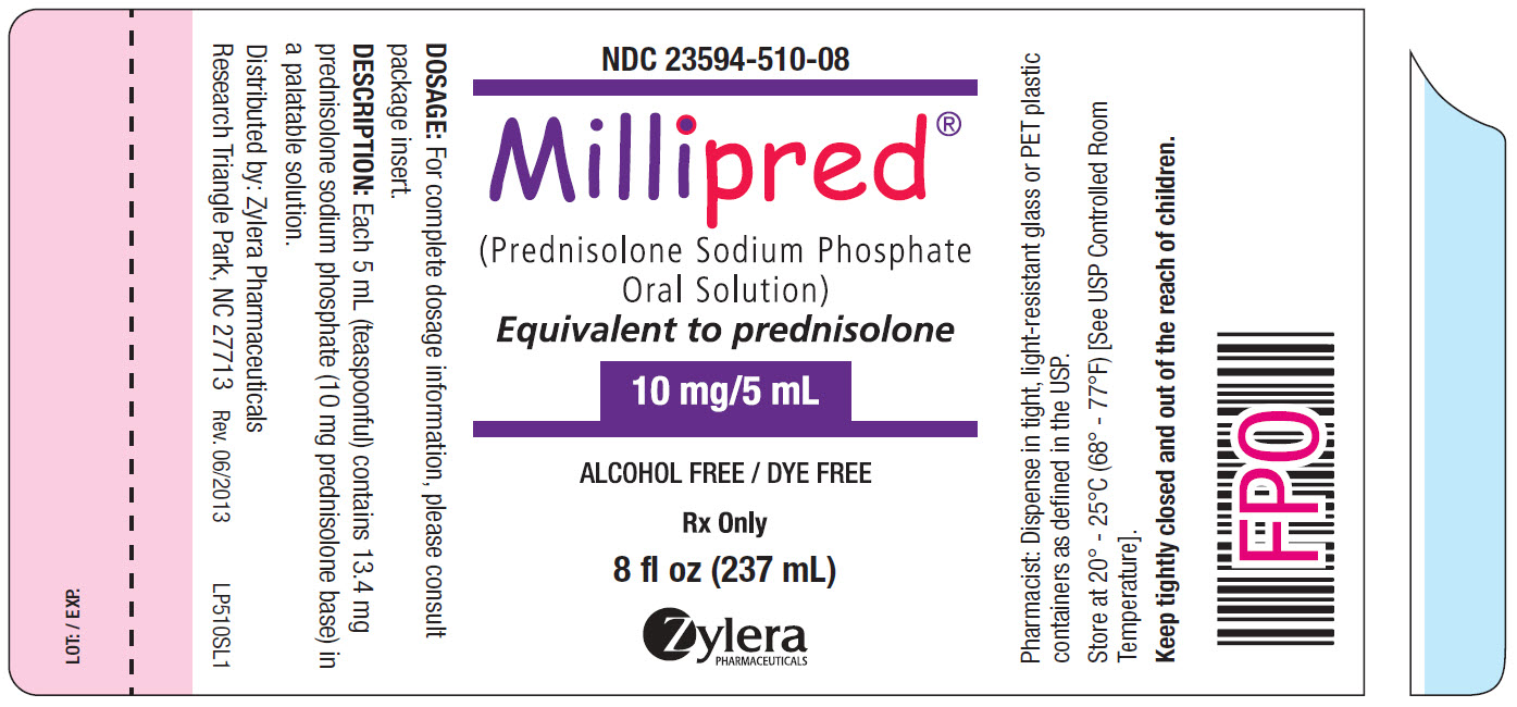 NDC: <a href=/NDC/23594-510-08>23594-510-08</a> Millipred™ (Prednisolone Sodium Phosphate Oral Solution) Equivalent to prednisolone 10 mg/5 mL ALCOHOL FREE / DYE FREE Rx Only 8 fl oz (237 mL)