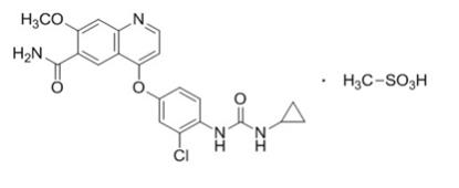 The chemical structure of lenvatinib mesylate is LENVIMA, a kinase inhibitor, is the mesylate salt of lenvatinib. Its chemical name is 4-[3-chloro-4-(N’-cyclopropylureido)phenoxy]-7-methoxyquinoline-6 carboxamide methanesulfonate. The molecular formula is C21H19ClN4O4  CH4O3S, and the molecular weight of the mesylate salt is 522.96. 