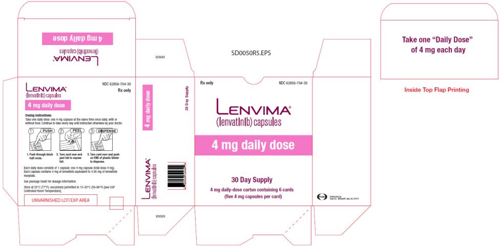 NDC: <a href=/NDC/62856-704-30>62856-704-30</a>
Lenvima
(lenvatinib) capsules
4 mg daily dose
