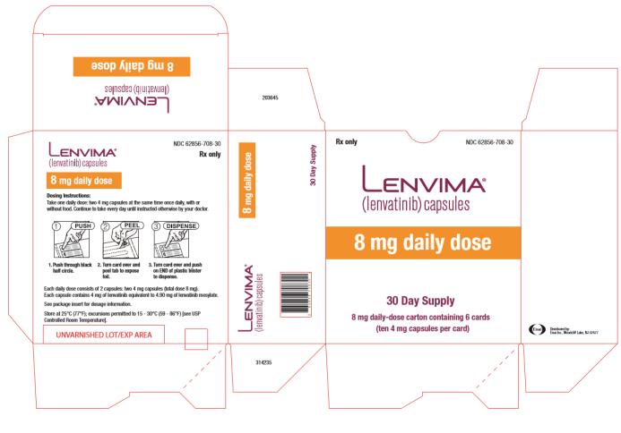 NDC: <a href=/NDC/62856-708-05>62856-708-05</a>
Lenvima
(lenvatinib) capsules
8 mg daily dose

