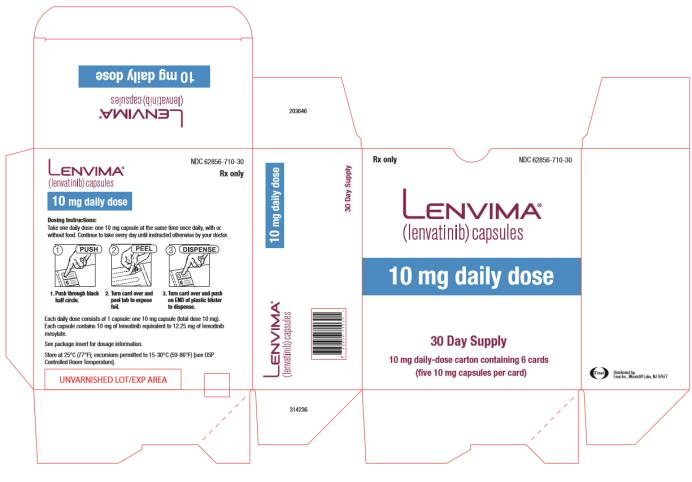 NDC: <a href=/NDC/62856-710-30>62856-710-30</a>
Lenvima
(lenvatinib) capsules
10 mg daily dose
30 day supply
10 mg daily- dose carton containing 6 cards
