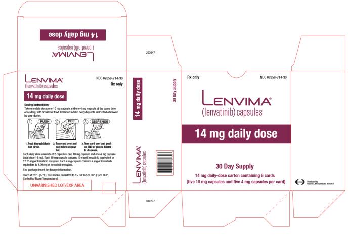NDC: <a href=/NDC/62856-714-30>62856-714-30</a>
Lenvima
(lenvatinib) capsules
14 mg daily dose
30 day supply
14 mg daily- dose carton containing 6 cards
