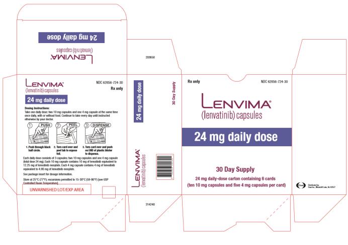 NDC: <a href=/NDC/62856-724-30>62856-724-30</a>
Lenvima
(lenvatinib) capsules
24 mg daily dose
30 day supply
24 mg daily- dose carton containing 6 cards
