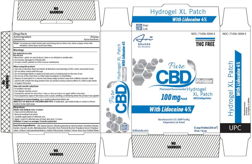 PRINCIPAL DISPLAY PANEL

Pure CBD Hydrogel XL Patch with Lidocaine 4%
NDC: <a href=/NDC/71436-3004-5>71436-3004-5</a>
5 Patches 

Ari Brands, LLC
