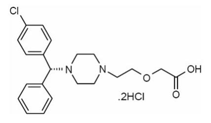 The chemical structure for Levocetirizine dihydrochloride, the active component of levocetirizine dihydrochloride tablets USP, is an orally active H 1-receptor antagonist. The chemical name is (R)-[2-[4-[(4-chlorophenyl) phenylmethyl]-1-piperazinyl] ethoxy] acetic acid dihydrochloride.  Levocetirizine dihydrochloride is the R enantiomer of cetirizine hydrochloride, a racemic compound with antihistaminic properties. The molecular formula of levocetirizine dihydrochloride is C 21H 25ClN 2O 32HCl. 
