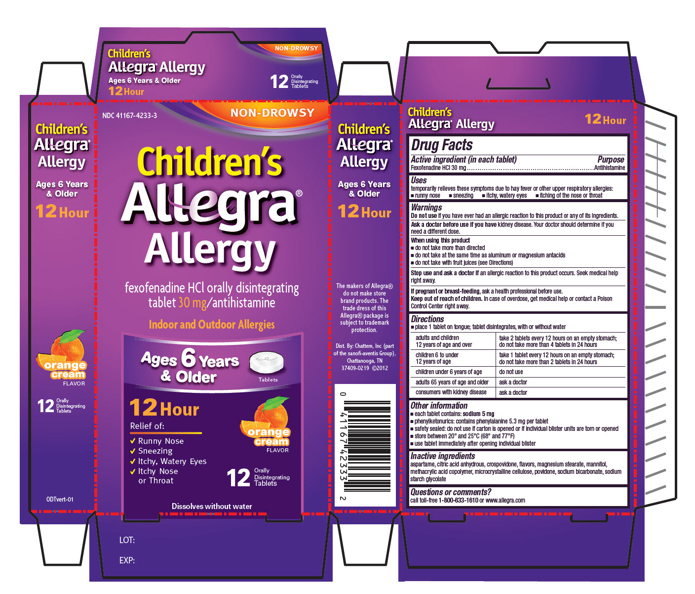 NDC: <a href=/NDC/41167-4233-3>41167-4233-3</a> NON-DROWSY Children’s Allegra® Allergy fexofenadine HCl orally disintegrating tablets 30 mg/antihistamine Indoor and Outdoor Allergies Orange Cream flavored 12 Orally Disintegrating Tablets