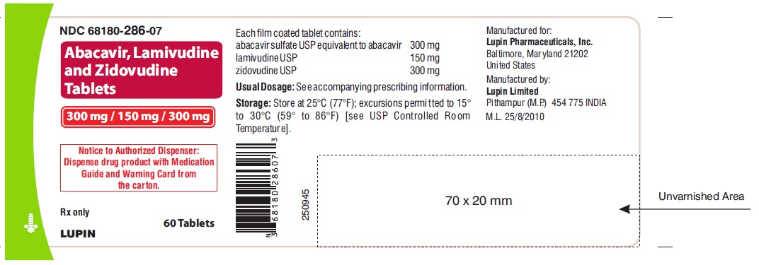 NDC: <a href=/NDC/68180-286-07>68180-286-07</a>

ABACAVIR SULFATE, LAMIVUDINE AND ZIDOVUDINE TABLETS 
300 mg 150 mg 300 mg
TABLETS
Rx only
			Bottle Label: 60 Tablets