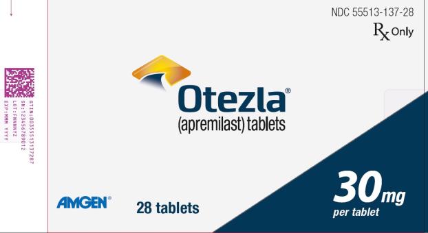 Principal Display Panel:
NDC: <a href=/NDC/55513-137-28>55513-137-28</a>
Rx Only
Otezla®
(apremilast) tablets
AMGEN®
28 tablets
30 mg per tablet
