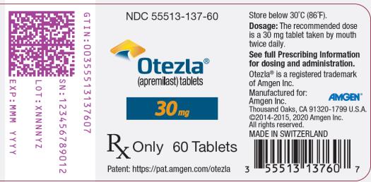 Principal Display Panel:
NDC: <a href=/NDC/55513-137-60>55513-137-60</a>
Otezla®
(apremilast) tablets
30 mg
Rx Only
60 Tablets
Patent: https://pat.amgen.com/otezla
Store below 30°C (86°F).
Dosage: The recommended dose
is a 30 mg tablet taken by mouth
twice daily.
See full Prescribing Information
for dosing and administration.
Otezla® is a registered trademark
of Amgen Inc.
Manufactured for:
Amgen Inc.
Thousand Oaks, CA 91320-1799 U.S.A.
AMGEN®
©2014-2015, 2020 Amgen Inc.
All rights reserved.
MADE IN SWITZERLAND
