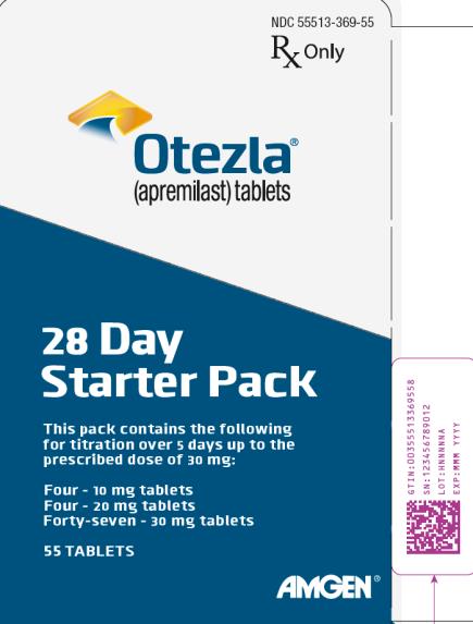 Principal Display Panel:
NDC: <a href=/NDC/55513-369-55>55513-369-55</a>
Rx Only
Otezla®
(apremilast) tablets
28 Day
Starter Pack
This pack contains the following
for titration over 5 days up to the
prescribed dose of 30 mg:
Four - 10 mg tablets
Four - 20 mg tablets
Forty-seven - 30 mg tablets
55 TABLETS
AMGEN®
