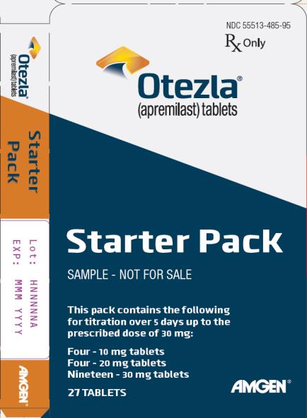 Principal Display Panel:
NDC: <a href=/NDC/55513-485-95>55513-485-95</a>
Rx Only
Otezla®
(apremilast) tablets
Starter Pack
SAMPLE - NOT FOR SALE
This pack contains the following
for titration over 5 days up to the
prescribed dose of 30 mg:
Four - 10 mg tablets
Four - 20 mg tablets
Nineteen - 30 mg tablets
27 TABLETS
AMGEN®
