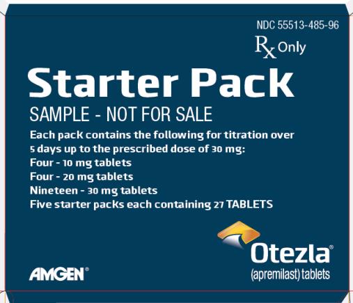 Principal Display Panel:
NDC: <a href=/NDC/55513-485-96>55513-485-96</a>
Rx Only
Starter Pack
SAMPLE - NOT FOR SALE
Each pack contains the following for titration over
5 days up to the prescribed dose of 30 mg:
Four - 10 mg tablets
Four - 20 mg tablets
Nineteen - 30 mg tablets
Five starter packs each containing 27 TABLETS
Otezla®
(apremilast) tablets
AMGEN®
