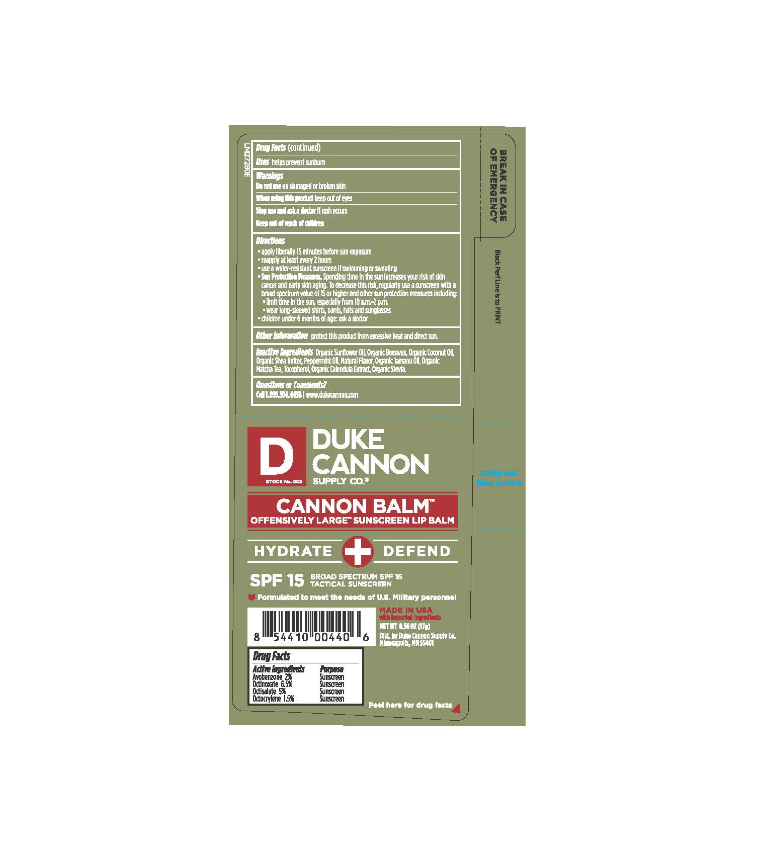 Duke Cannon CannonBalm SPF 15 0.56 oz (17g) Tube Label