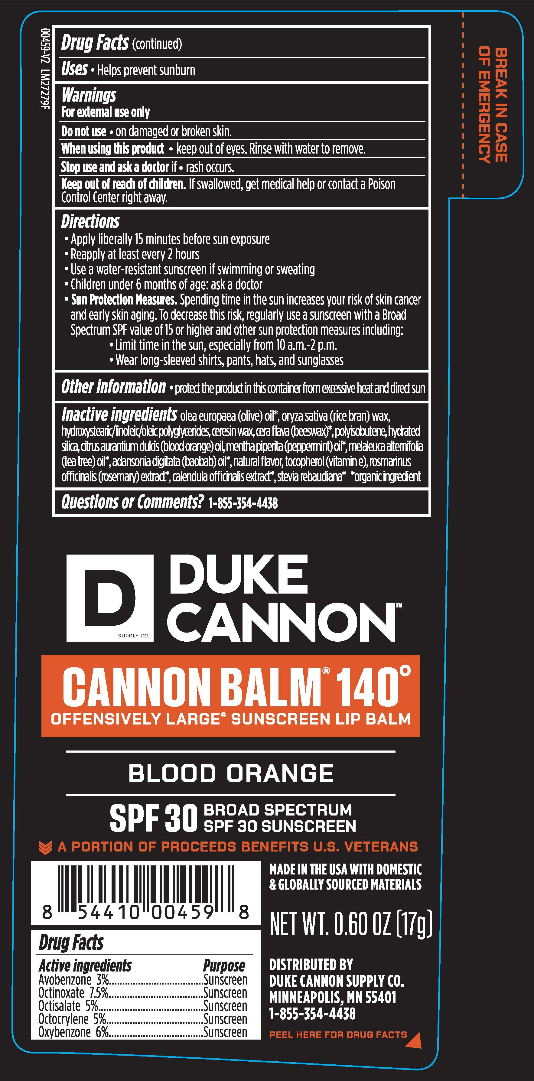 Duke Cannon Cannonbalm 140 SPF 30 Broad Spectrum Sunscreen Lip Balm Tube Label