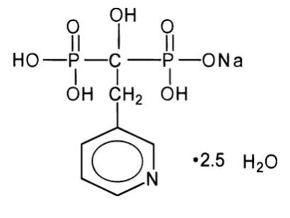 The chemical structure of Risedronate Sodium hemi-pentahydrate is a pyridinyl bisphosphonate that inhibits osteoclast-mediated bone resorption and modulates bone metabolism. Each Risedronate Sodium for oral administration contains the equivalent of 5, 30, 35, 75, or 150 mg of anhydrous Risedronate Sodium in the form of the hemi-pentahydrate with small amounts of monohydrate. The empirical formula for Risedronate Sodium hemi-pentahydrate is C7H10NO7P2Na 2.5 H2O. The chemical name of Risedronate Sodium is [1-hydroxy-2-(3-pyridinyl)ethylidene]bis[phosphonic acid] monoSodium salt. 