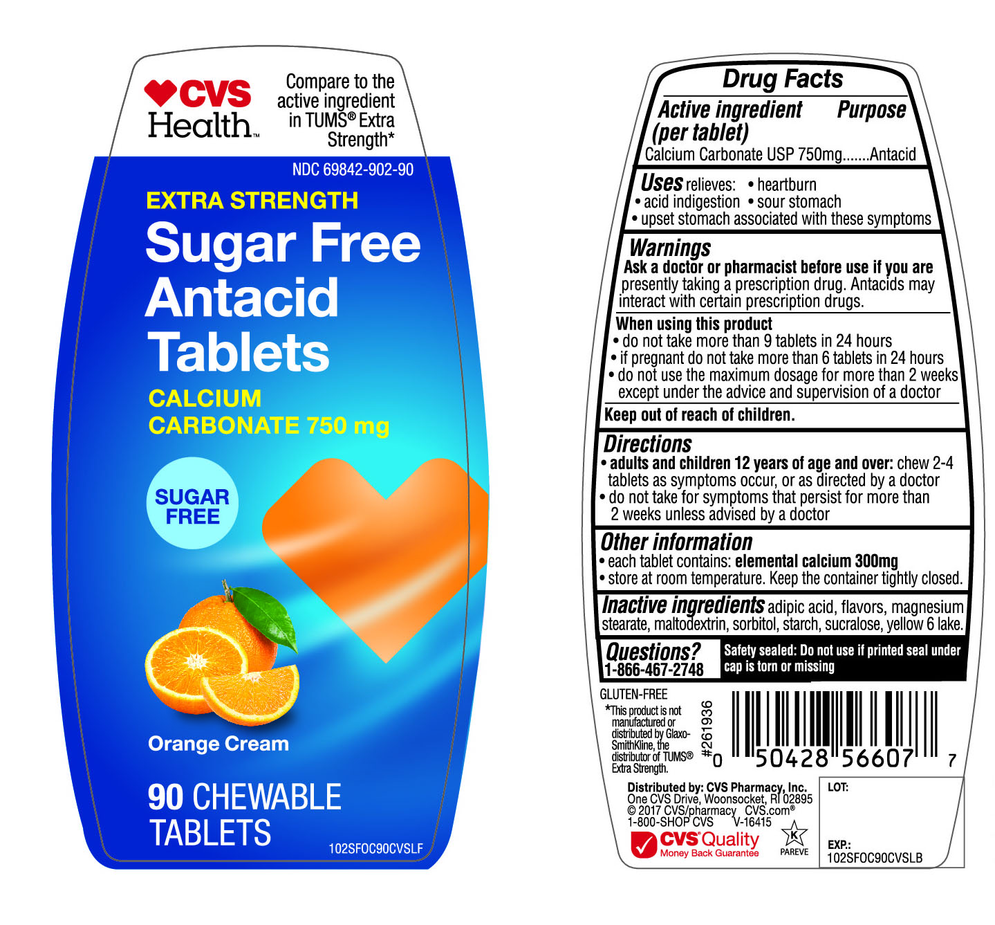 CVS Health Extra Strength Sugar Free Antacid  Tablets  Orange Cream 90 Count