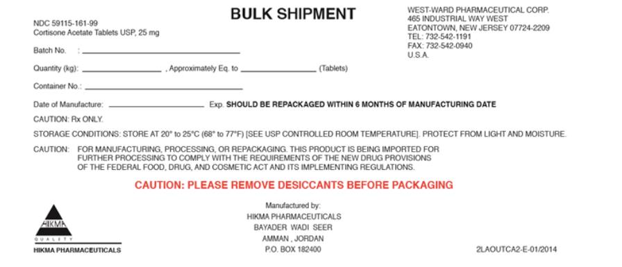 Principal Display Panel
NDC: <a href=/NDC/59115-161-99>59115-161-99</a>
BULK SHIPMENT
Cortison Acetate Tablets USP,
25 mg
