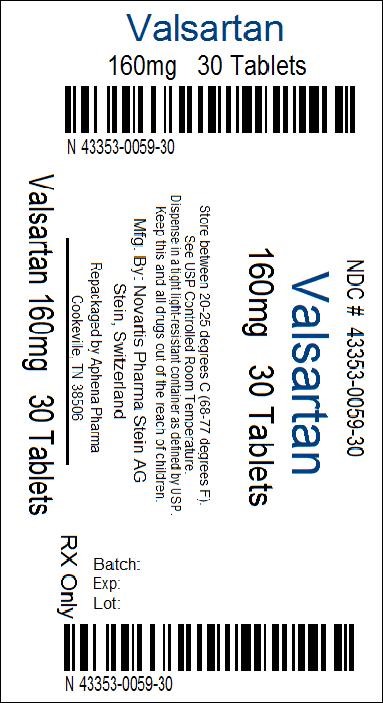 Package Label – 160 mg Rx Only NDC: <a href=/NDC/43353-059-30>43353-059-30</a> Valsartan Tablets, USP 160 mg 30 Tablets