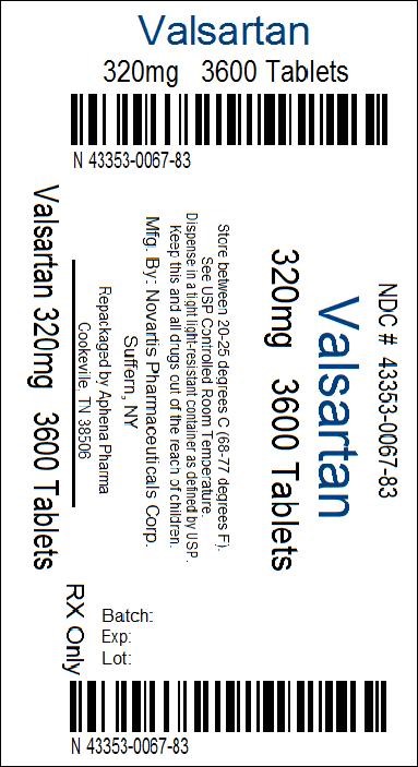 Package Label – 320 mg Rx Only NDC: <a href=/NDC/43353-067-83>43353-067-83</a> Valsartan Tablets, USP 320 mg 3600 Tablets