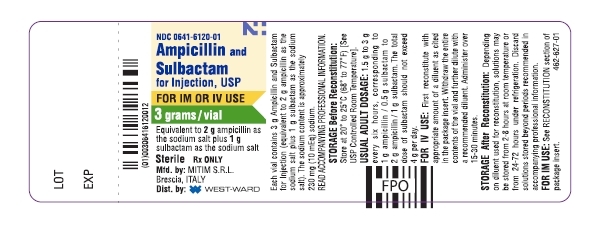 NDC: <a href=/NDC/0641-6120-01>0641-6120-01</a> Ampicillin and Sulbactam for Injection, USP FOR IM OR IV USE 3 grams/vial Equivalent to 2 g ampicillin as the sodium salt plus 1 g sulbactam as the sodium salt Sterile Rx ONLY Mfd. by: MITIM S.R.L. Brescia, ITALY Dist. by: WEST-WARD