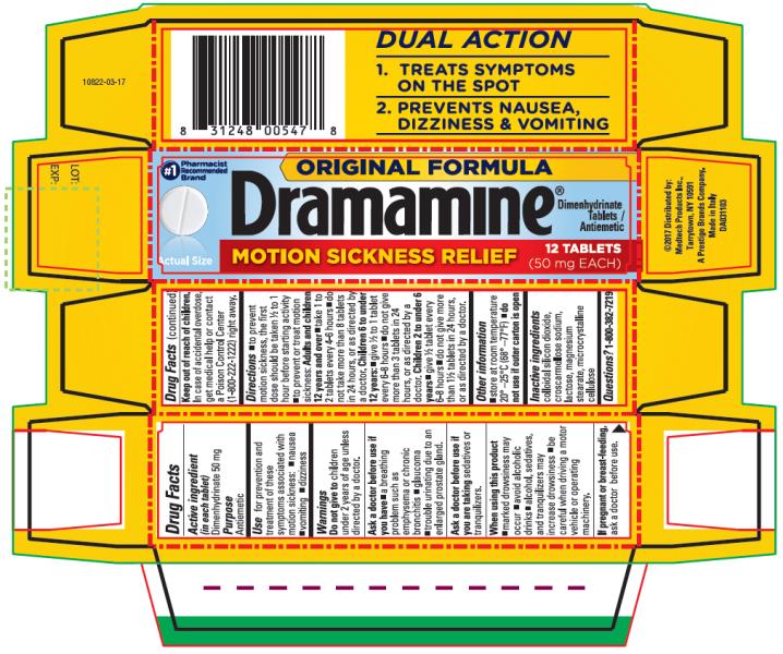 PRINCIPAL DISPLAY PANEL

ORIGINAL FORMULA 
Dramamine®
Dimenhydrinate Tablets/Antiemetic
MOTION SICKNESS RELIEF

12 Tablets  (50 mg EACH)
