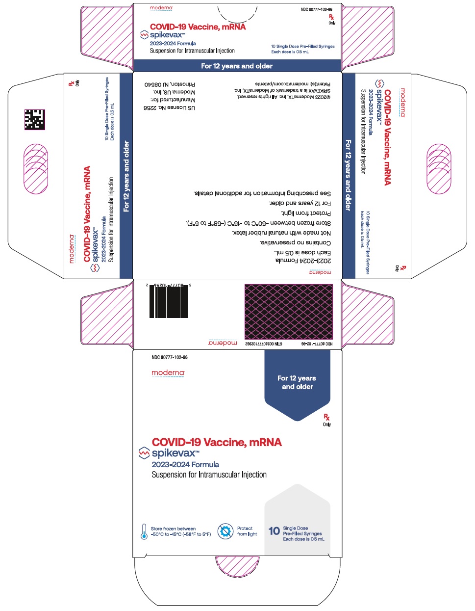 Spikevax (COVID-19 Vaccine, mRNA) 2023-2024 Formula Suspension for Intramuscular Injection Single Dose Pre-Filled Syringe Carton 0.5 mL (<a href=/NDC/80777-102-96>80777-102-96</a>)