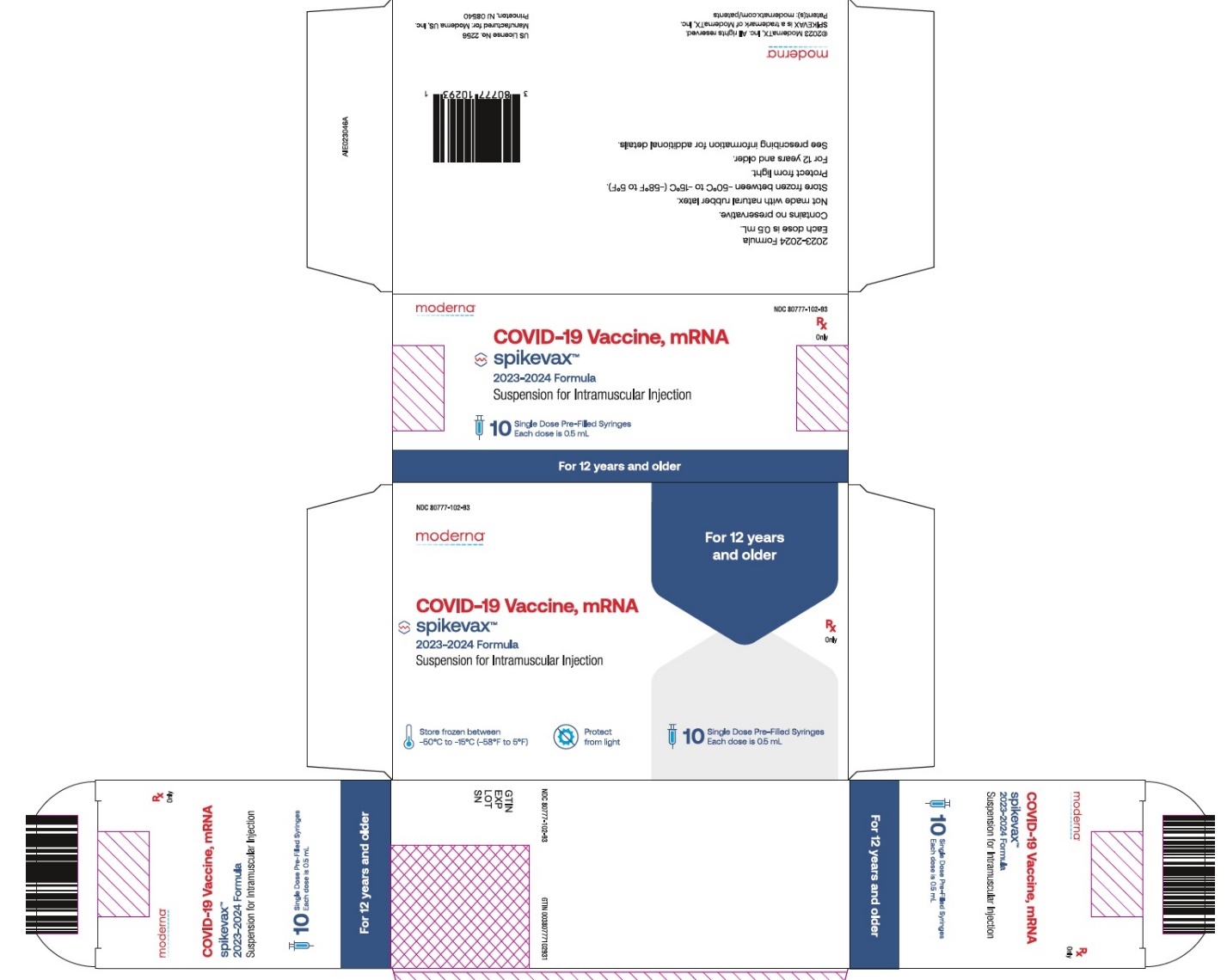 Spikevax (COVID-19 Vaccine, mRNA) 2023-2024 Formula Suspension for Intramuscular Injection Single Dose Pre-Filled Syringe Carton 0.5 mL (<a href=/NDC/80777-102-93>80777-102-93</a>)