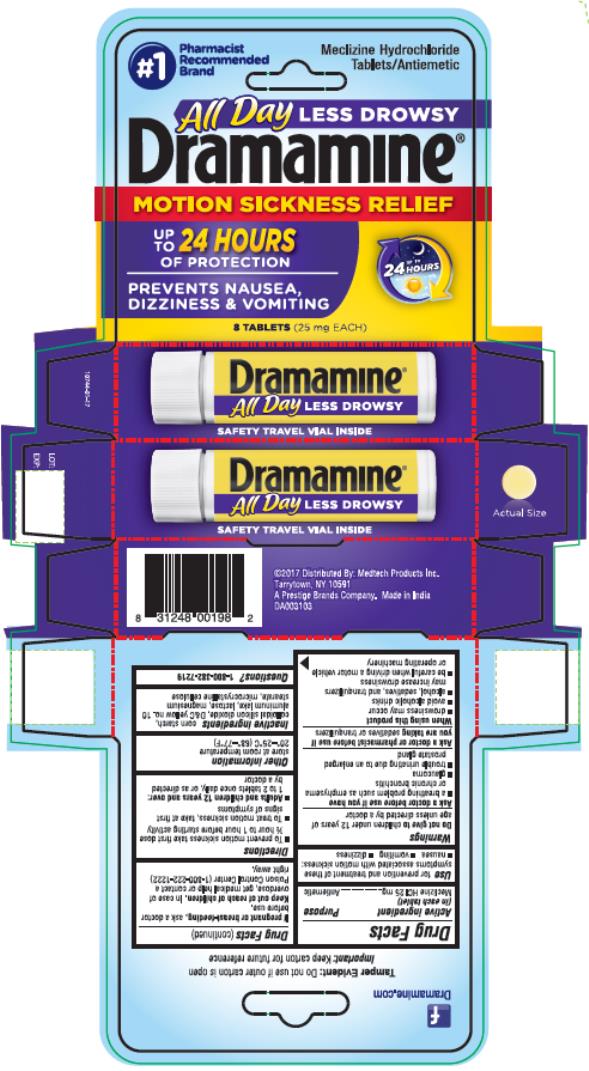 PRINCIPAL DISPLAY PANEL
All Day LESS DROWSY 
Dramamine®
Meclizine hydrochloride tablets/Antiemetic 

8 TABLETS (25 mg EACH)

