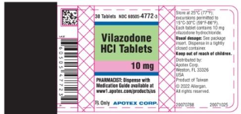 NDC: <a href=/NDC/60505-4772-3>60505-4772-3</a>
30 Tablets
Vilazodone HCI Tablets 10 mg
PHARMACIST: Dispense with
Medication Guide available at
www1.apotex.come/products/us
Rx Only
APOTEX CORP.
