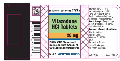 NDC: <a href=/NDC/60505-4773-3>60505-4773-3</a>
30 Tablets
Vilazodone HCI Tablets 20 mg
PHARMACIST: Dispense with
Medication Guide available at
www1.apotex.come/products/us
Rx Only
APOTEX CORP.
