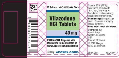 NDC: <a href=/NDC/60505-4774-3>60505-4774-3</a>
30 Tablets
Vilazodone HCI Tablets 40 mg
PHARMACIST: Dispense with
Medication Guide available at
www1.apotex.come/products/us
Rx Only
APOTEX CORP.
