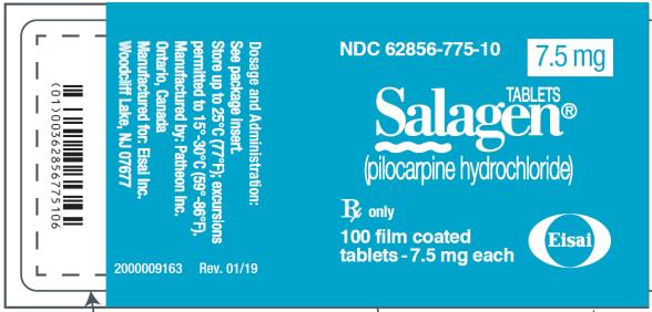 PRINCIPAL DISPLAY PANEL
NDC: <a href=/NDC/62856-775-10>62856-775-10</a>
Tablets
SALAGEN®
(pilocarpine hydrochloride)
7.5 mg
100 film coated
tablets- 7.5 mg each
Rx Only
