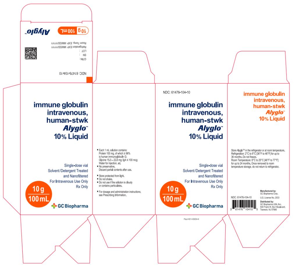 PRINCIPAL DISPLAY PANEL
NDC: <a href=/NDC/61476-104-10>61476-104-10</a>
immune globulin
intravenous,
human-stwk
Alyglo
10% Liquid

