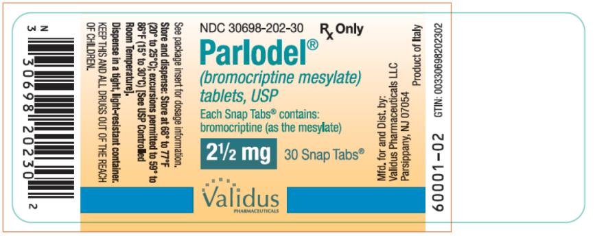 PRINCIPAL DISPLAY PANEL
NDC: <a href=/NDC/30698-202-30>30698-202-30</a>
Parlodel®
(bromocriptine mesylate)
tablets, USP
2 ½ mg
30 Snap Tabs®
Rx Only
