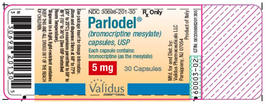 PRINCIPAL DISPLAY PANEL
NDC: <a href=/NDC/30698-201-30>30698-201-30</a>
Parlodel®
(bromocriptine mesylate)
capsules, USP
5 mg
30 Capsules
Rx Only
