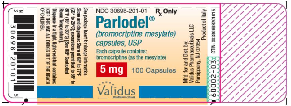 PRINCIPAL DISPLAY PANEL
NDC: <a href=/NDC/30698-201-01>30698-201-01</a>
Parlodel®
(bromocriptine mesylate)
capsules, USP
5 mg
100 Capsules
Rx Only
