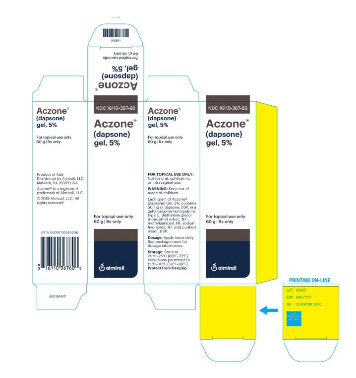 NDC: <a href=/NDC/16110-367-60>16110-367-60</a>
Aczone®
(dapsone) gel, 5%
For tropical use only
60 g Rx only 
almirall
