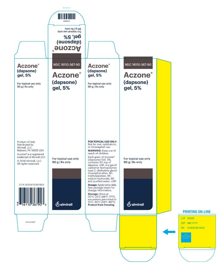 NDC: <a href=/NDC/16110-367-90>16110-367-90</a>
Aczone®
(dapsone) gel, 5%
For tropical use only
90 g Rx only 
almirall
