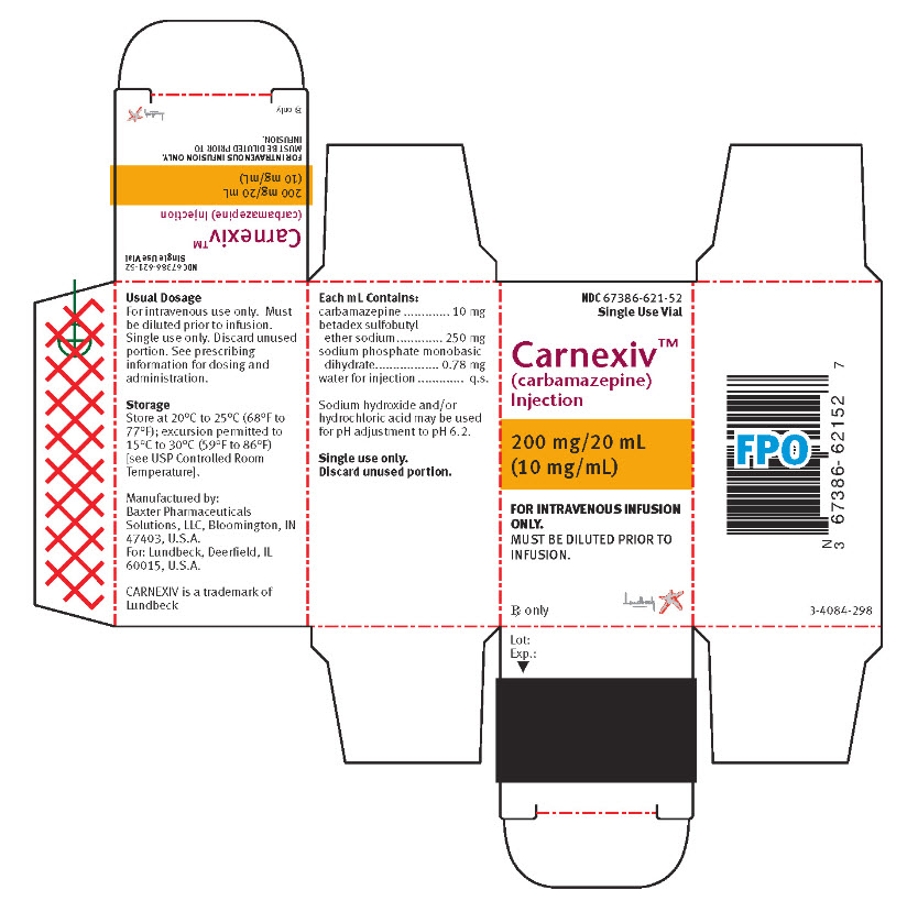 NDC: <a href=/NDC/67386-621-52>67386-621-52</a> Single Use Vial Carnexiv™ (carbamazepine) Injection 200 mg/20mL 10 mg/mL For Intravenous use only. MUST BE DILUTED PRIOR TO INFUSION.