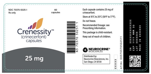 PRINCIPAL DISPLAY PANEL
NDC: <a href=/NDC/70370-5025-1>70370-5025-1</a>
Crenessity
(crinecerfont) capsules
25 mg
60 Capsules
Rx only
