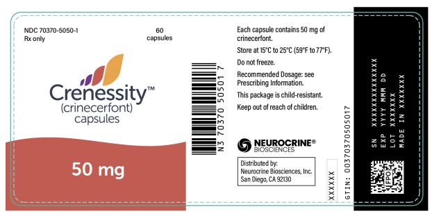 PRINCIPAL DISPLAY PANEL
NDC: <a href=/NDC/70370-5050-1>70370-5050-1</a>
Crenessity
(crinecerfont) capsules
50 mg
60 Capsules
Rx only
