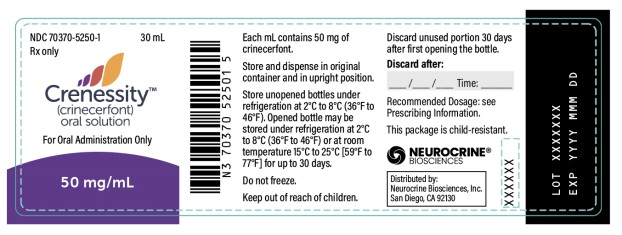 PRINCIPAL DISPLAY PANEL
NDC: <a href=/NDC/70370-5250-1>70370-5250-1</a>
Crenessity
(crinecerfont) oral solution
50 mg/mL
30 mL
Rx only
