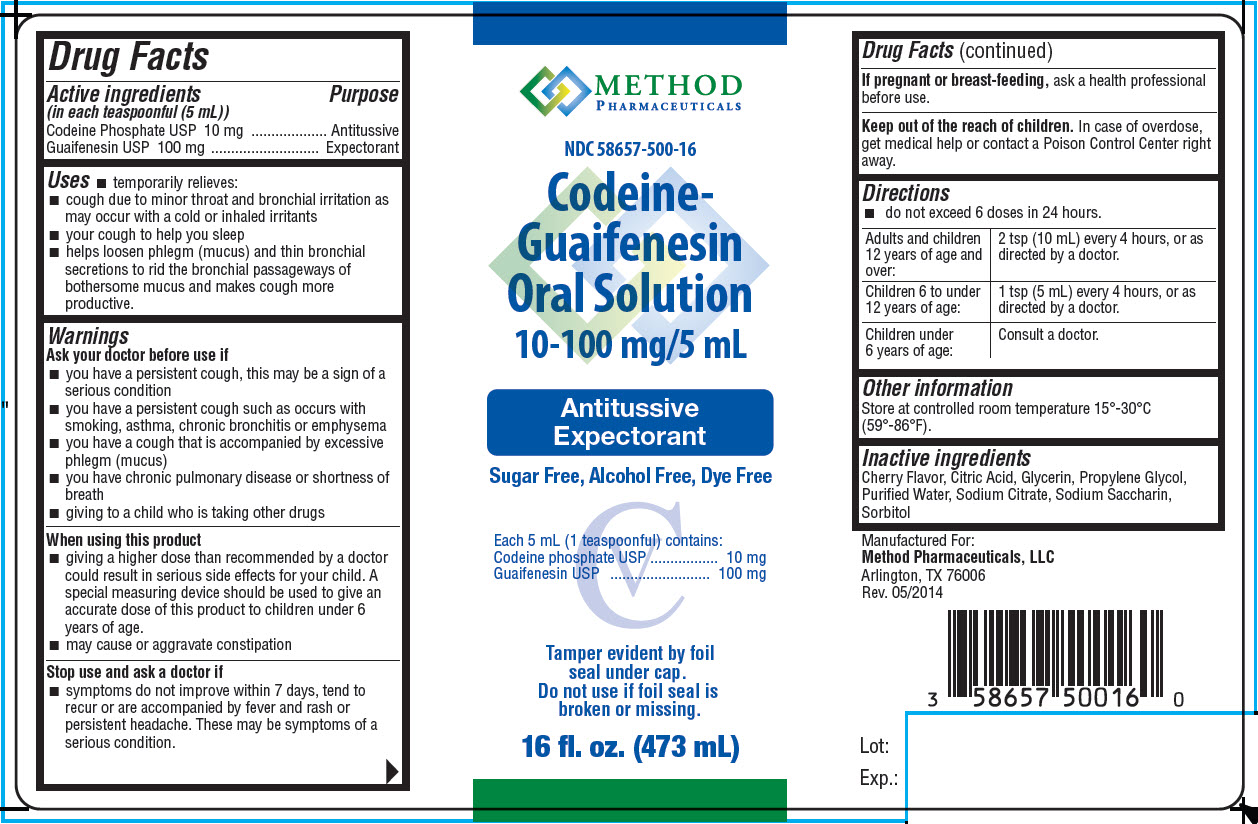 NDC: <a href=/NDC/58657-500-16>58657-500-16</a> Codeine-Guaifenesin Oral Solution 10-100 mg/5 mL Antitussive Expectorant 16 fl. oz. (473 mL)