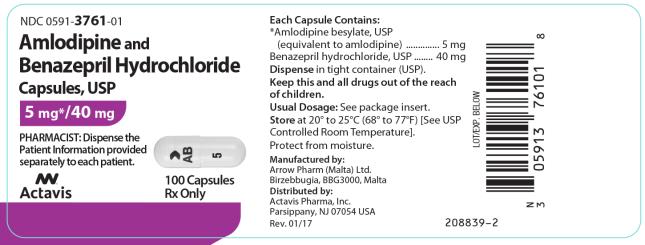 NDC: <a href=/NDC/0591-3761-01>0591-3761-01</a> Amlodipine and Benazepril Hydrochloride Capsules, USP 5 mg*/40 mg Actavis 100 Capsules Rx only