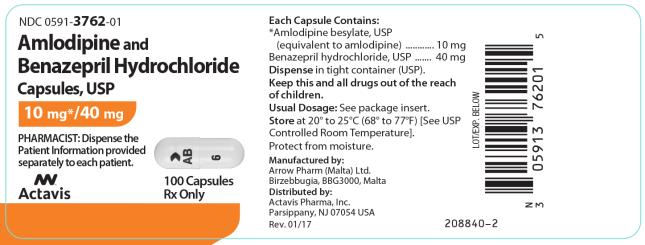 NDC: <a href=/NDC/0591-3762-01>0591-3762-01</a> Amlodipine and Benazepril Hydrochloride Capsules, USP 10 mg*/40 mg Actavis 100 Capsules Rx only