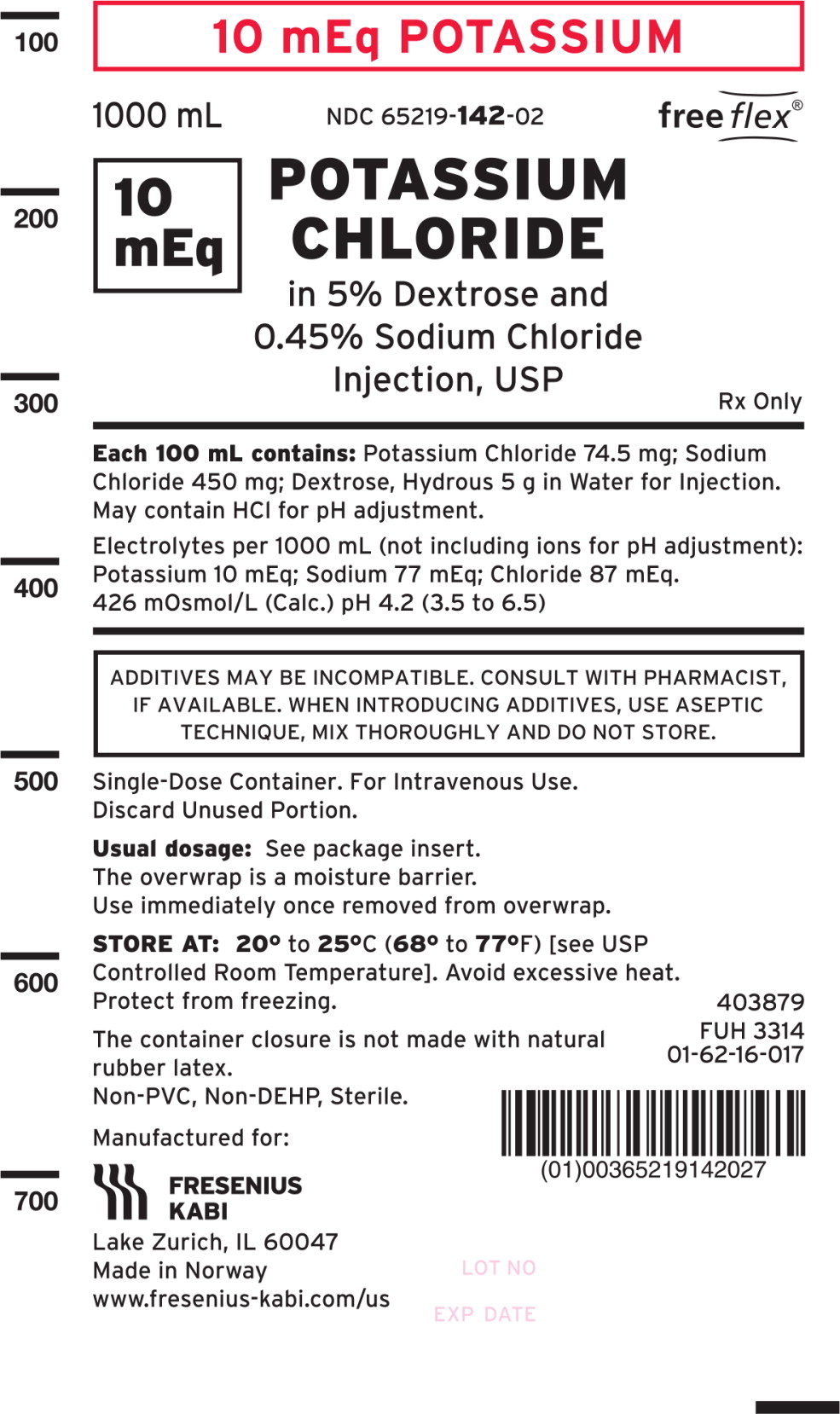 PACKAGE LABEL - PRINCIPAL DISPLAY – 10 mEq POTASSIUM CHLORIDE in 5% Dextrose and 0.45% Sodium Chloride Injection, USP 1000 mL Bag Label
