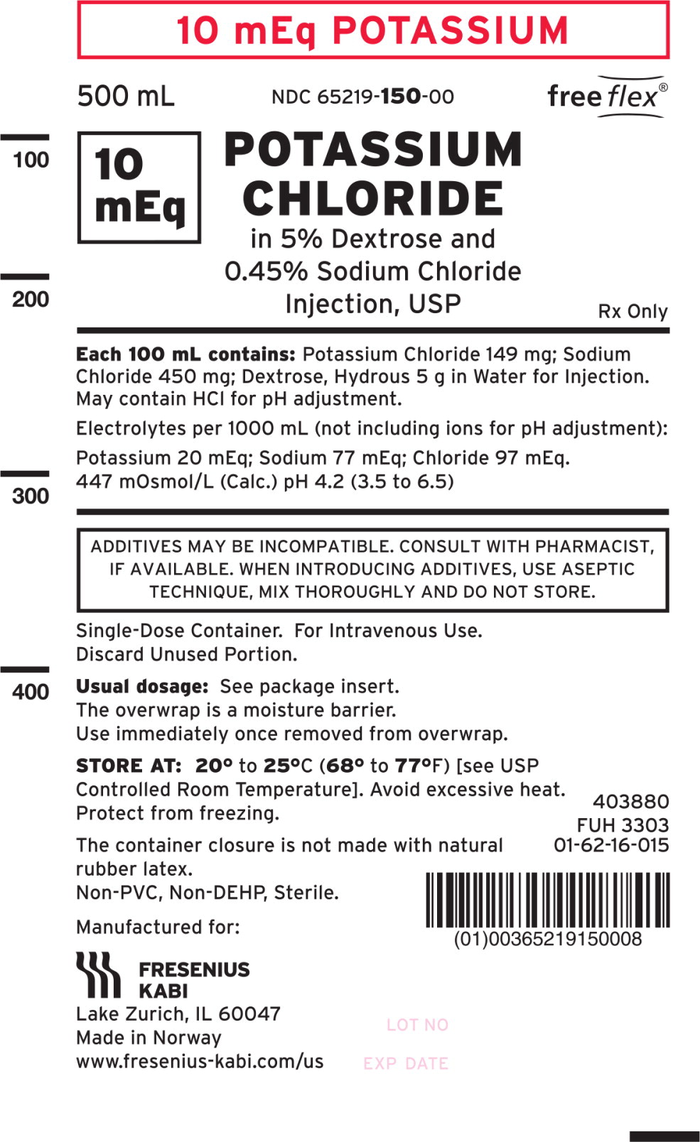 PACKAGE LABEL - PRINCIPAL DISPLAY – 10 mEq POTASSIUM CHLORIDE in 5% Dextrose and 0.45% Sodium Chloride Injection, USP 500 mL Bag Label
